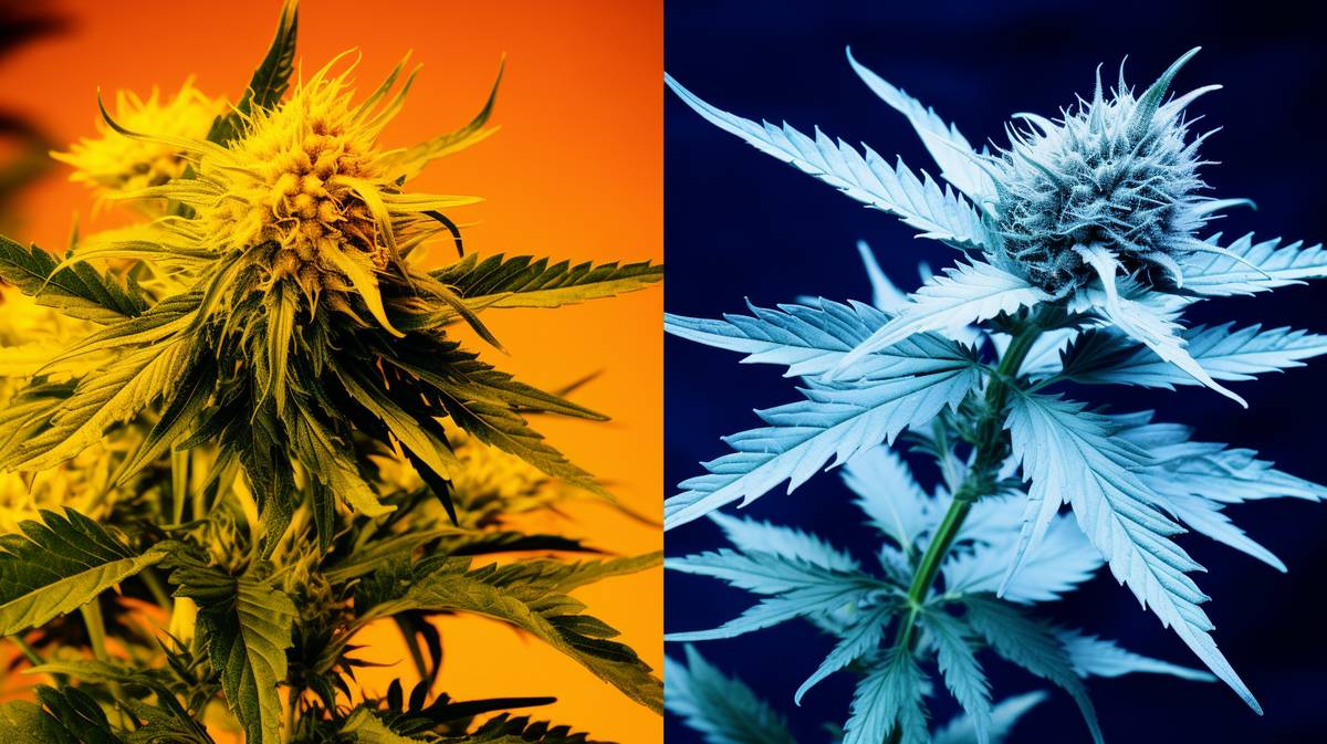 Grappoli di foglie verdi di Cannabis Sativa e Indica fianco a fianco per illustrare il confronto tra i due ceppi.
